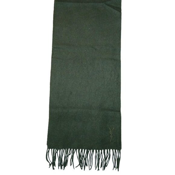 Yves Saint Laurent YSL Forest Green Embroidered Wool Fringed Scarf Pre-Owned - Picture 4 of 8